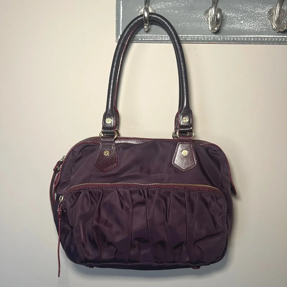 MZ Wallace Jane Satchel Bag Eggplant Plum Purple Nylon Leather Trim Designer‎